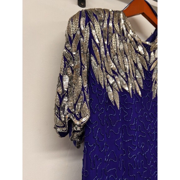 Vintage Formal Sequins Silk Beaded Dress Stenay 80’s Glamour Scallop Sleeves 14 - Picture 4 of 16